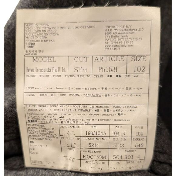 SuitSupply VBC Men's 42L Havana Slim Fit Pure Wool Charcoal Three Button Blazer - Picture 11 of 11